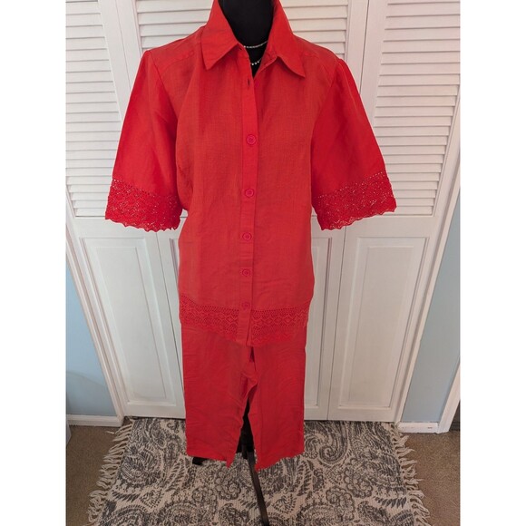 Jessica London Capri /Top Set Women 18W Linen Blend Shirt Lace Orange Vacay NEW - Picture 1 of 16